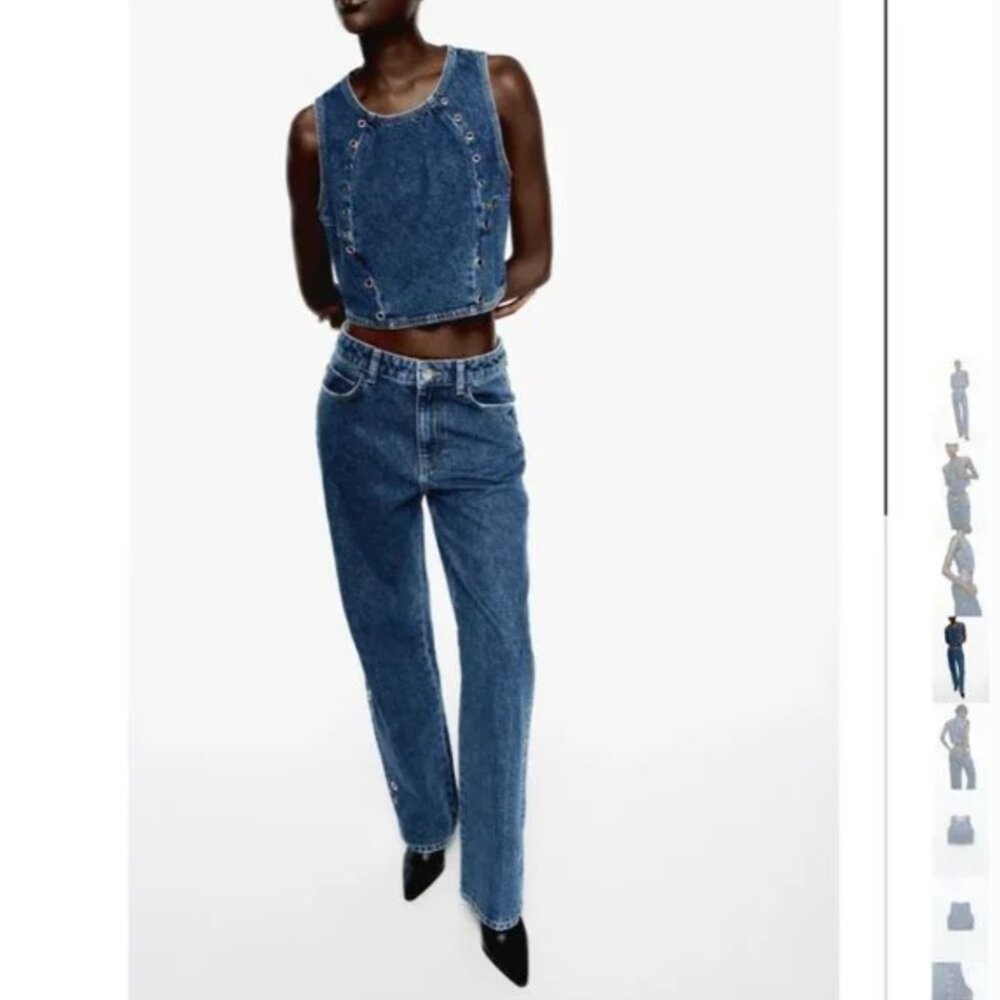 NWT ZARA 2 pieces match set Z1975 DENIM TOP + CUT RING JEANS MID-BLUE